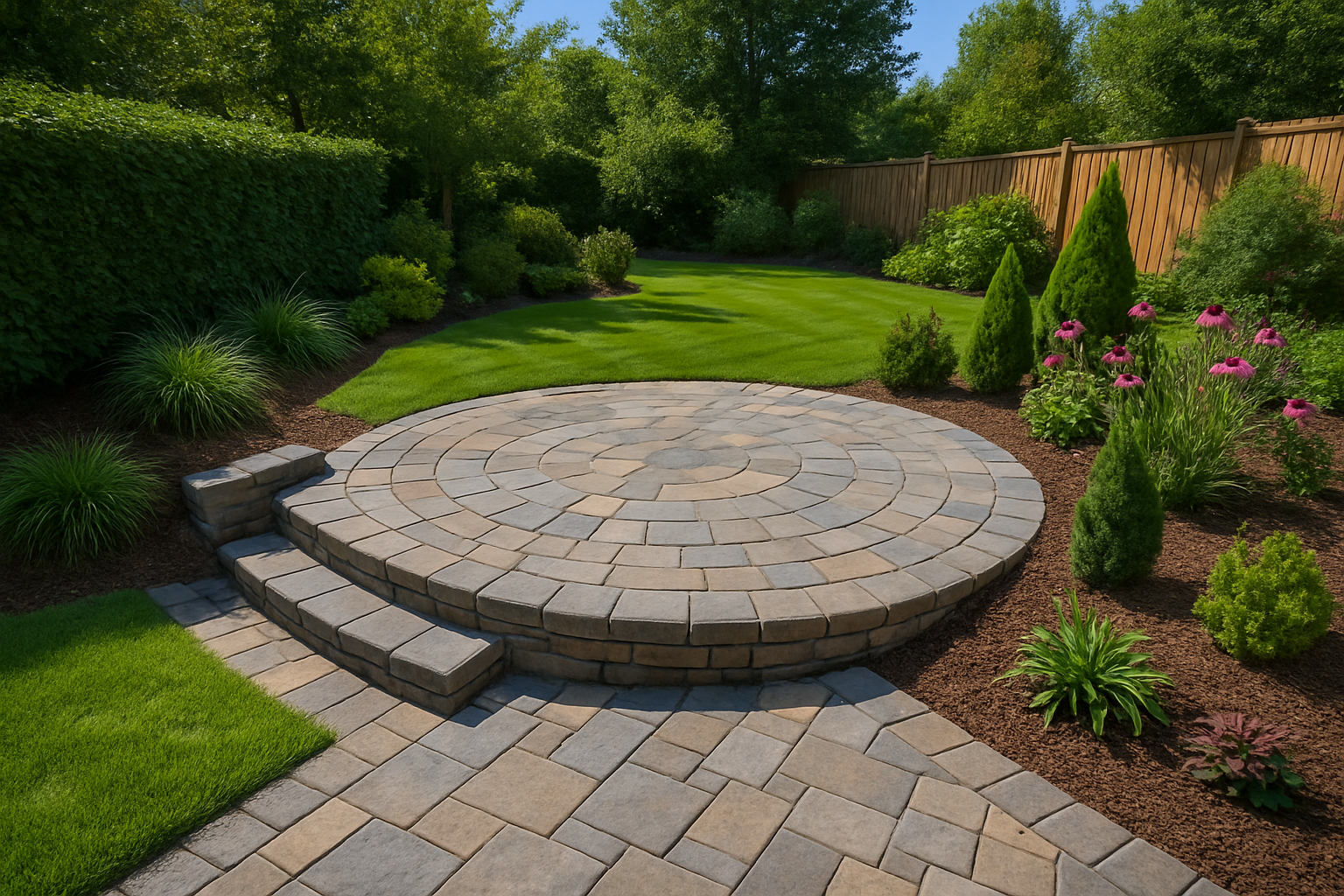 Patio circulaire en pierre avec marches, menant à une pelouse dans un jardin avec diverses plantes.