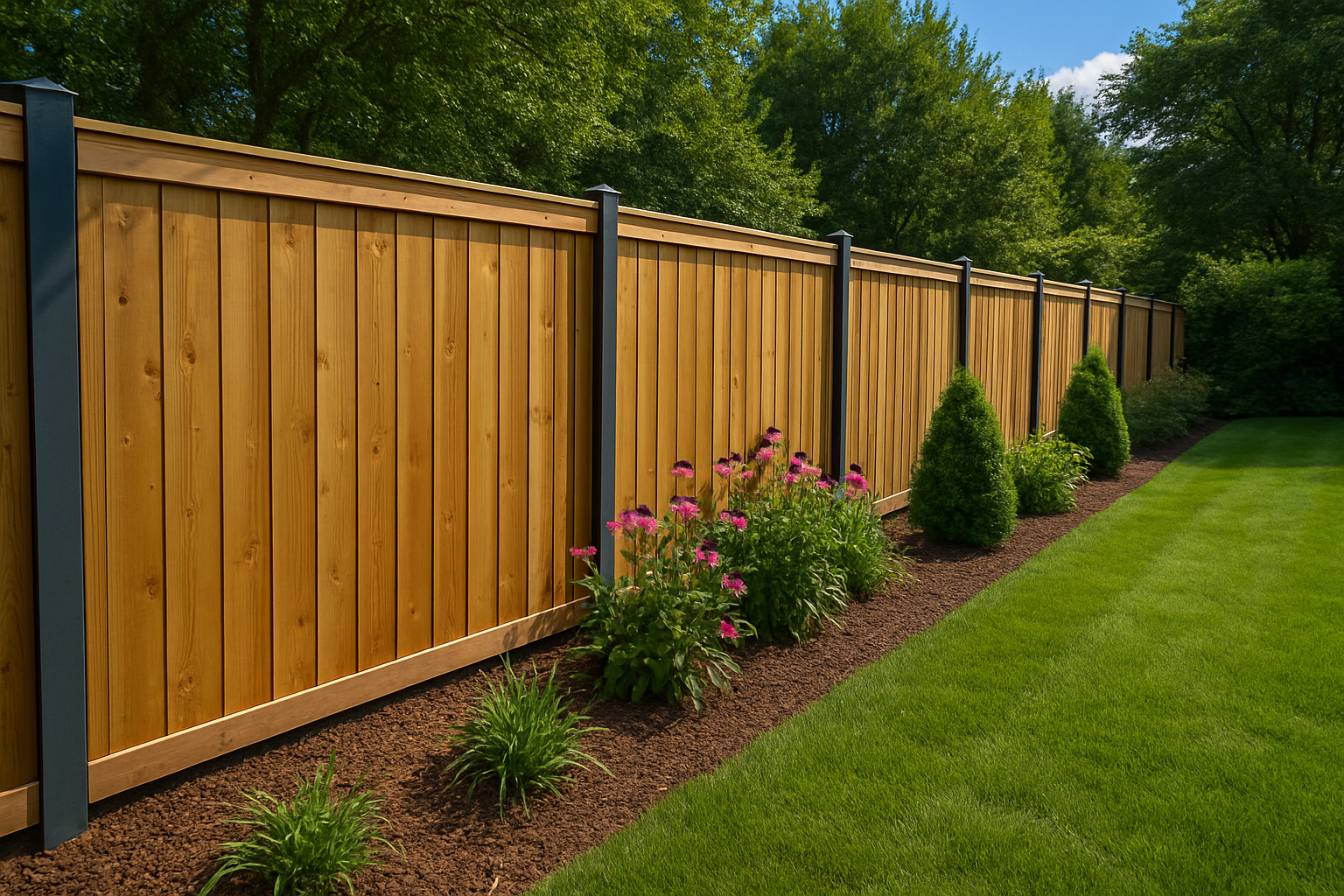 Clôture en bois aux poteaux foncés, bordée d'un parterre de fleurs et d'une pelouse verte.