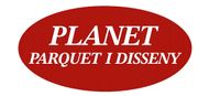 Logotipo con la palabra “PLANET” sobre “PARQUET I DISSENY” en fuente blanca sobre óvalo rojo.