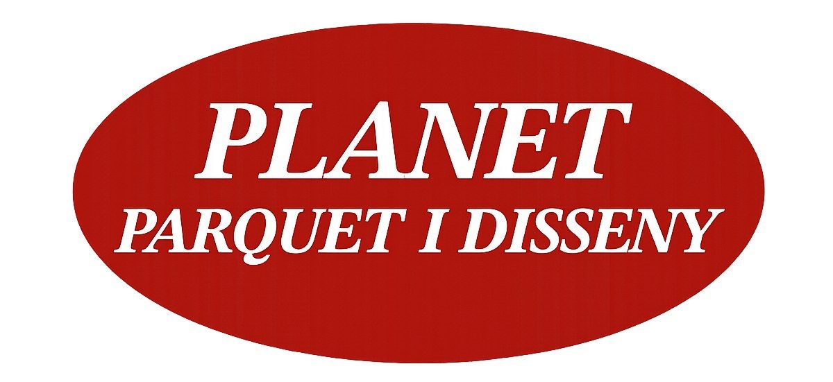 Logotipo con la palabra “PLANET” sobre “PARQUET I DISSENY” en fuente blanca sobre óvalo rojo.