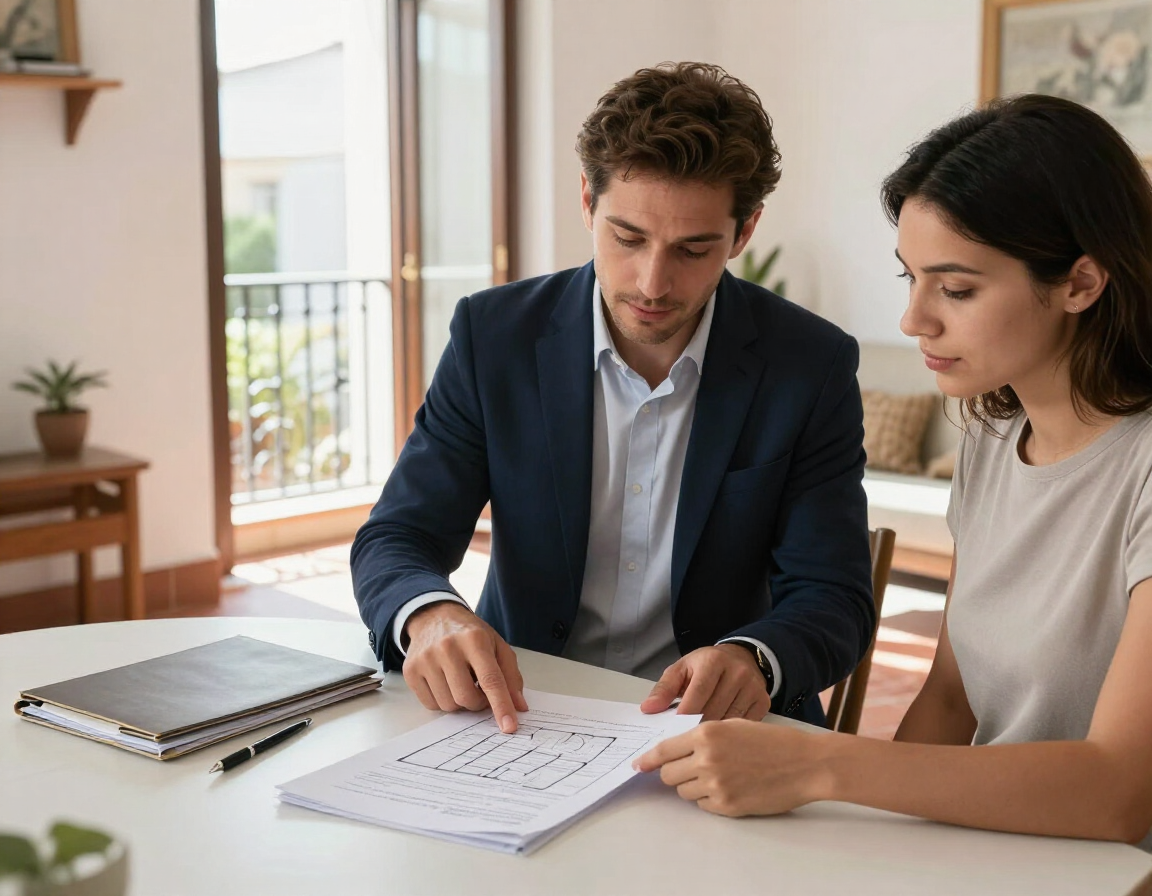 Dos personas revisando un documento en una mesa, en una habitación luminosa