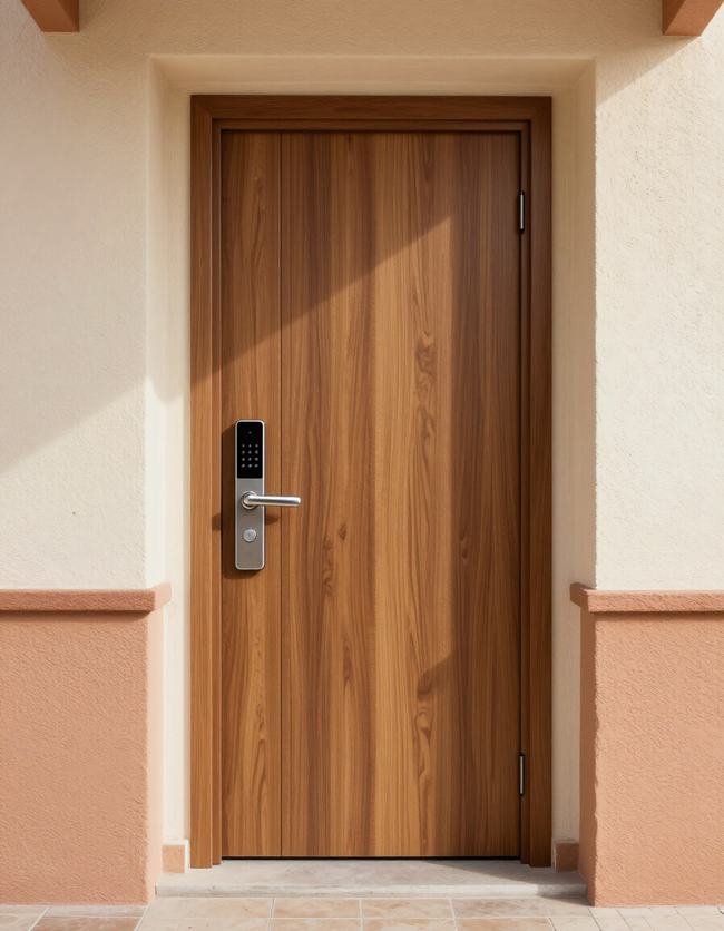 Puerta principal de madera con una manija plateada moderna en una entrada beige