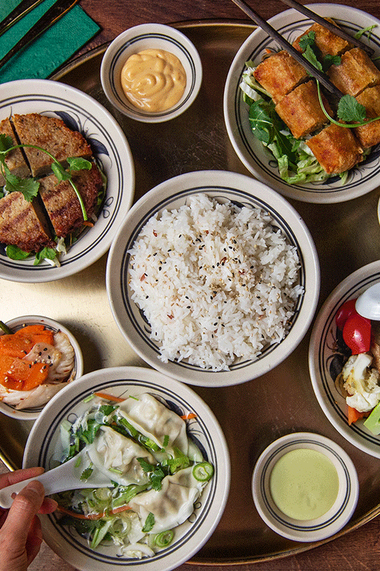 Schüsseln mit asiatischen Gerichten: gegrilltes Schweinefleisch, Teigtaschen, Reis, Salat, Frühlingsrollen, Soßen. Gedeckter Tisch.