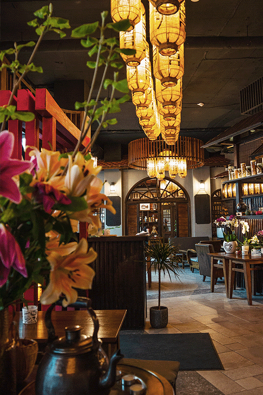 Gemütliches Restaurantinterieur mit Lichterketten, Blumen, Holzmöbeln und dekorativen Laternen.