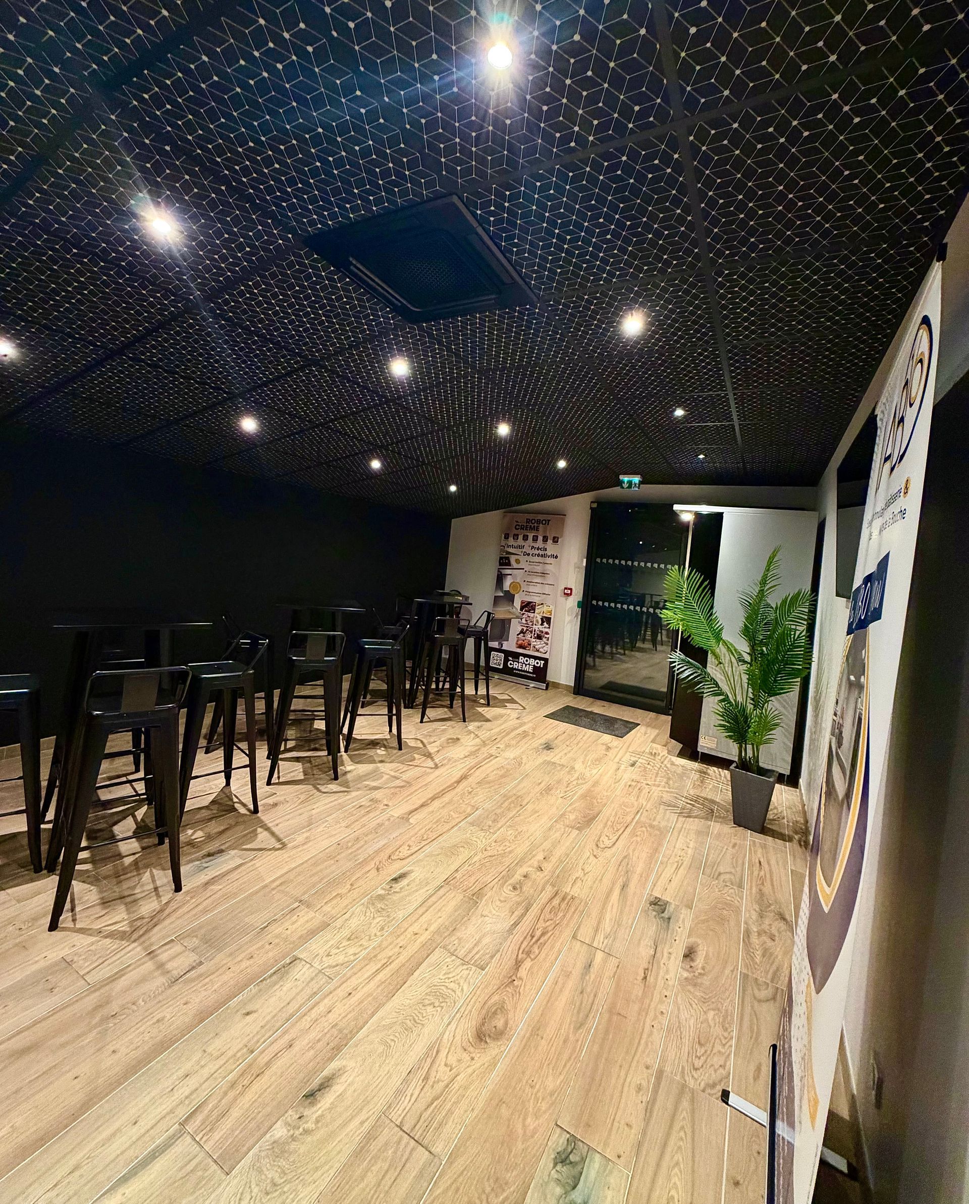 Une pièce faiblement éclairée avec un plafond étoilé, un parquet clair, des chaises hautes au bar et une plante en pot près de l'entrée.