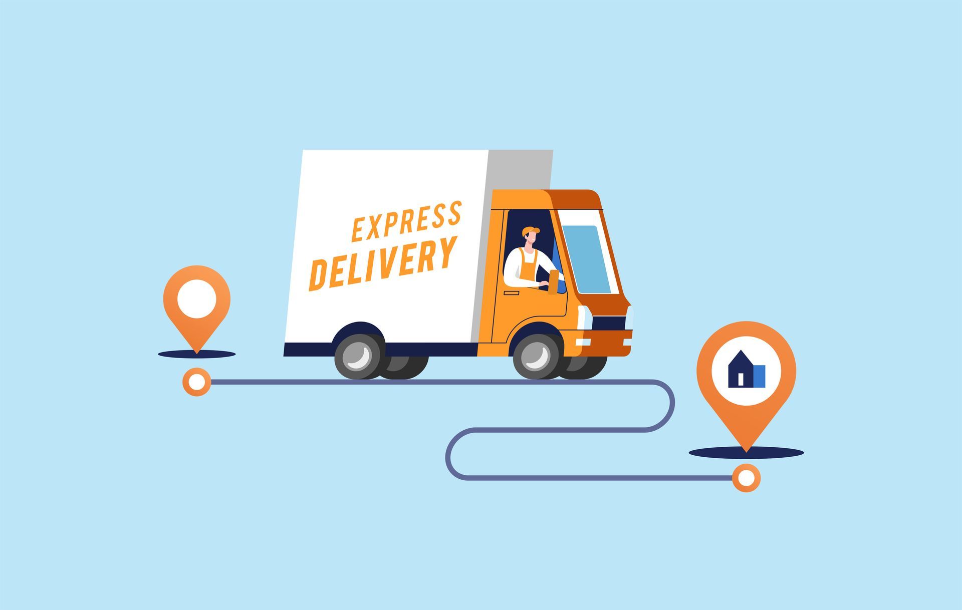 Camion de livraison avec inscription en anglais express delivery et épingles de géolocalisation.