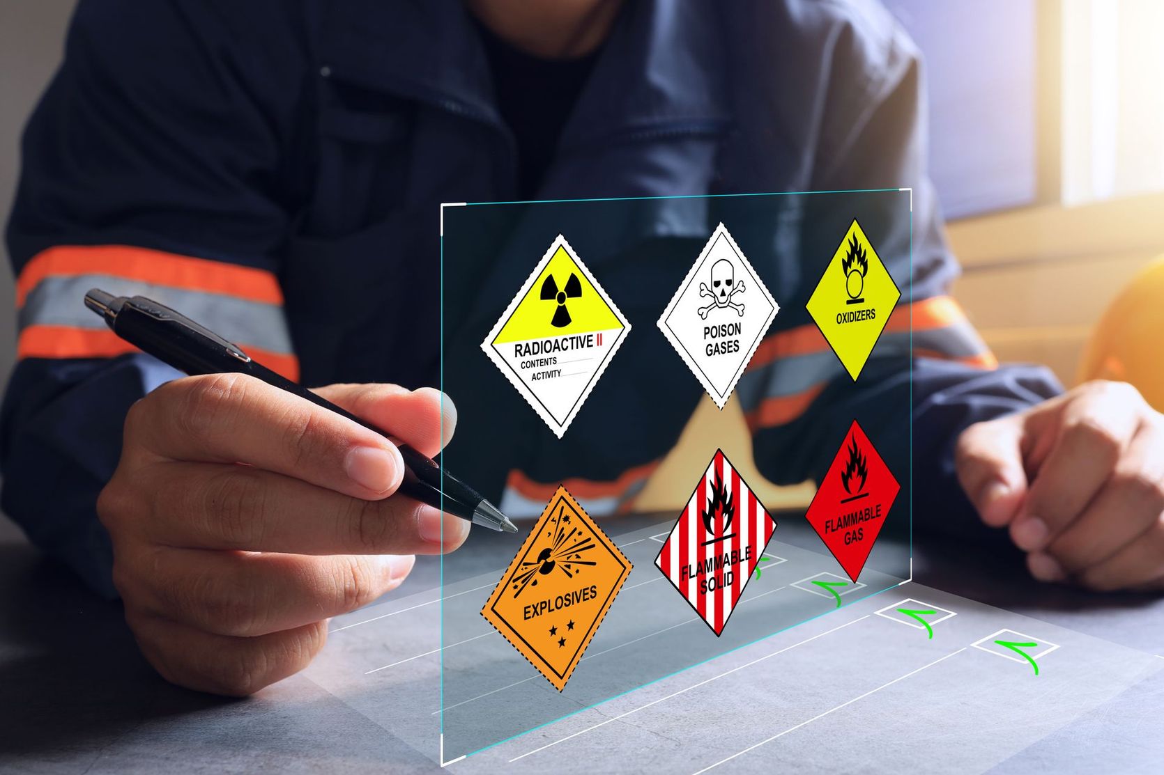 Un travailleur en tenue de sécurité utilise une interface numérique présentant des pictogrammes de danger.