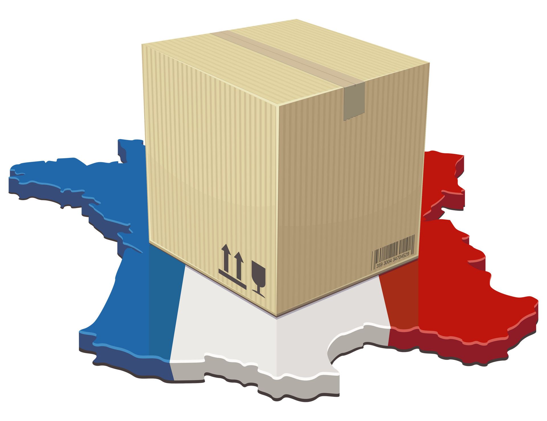 Un grand carton de livraison, posé sur une carte de France ornée du drapeau bleu, blanc, rouge.
