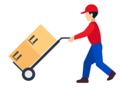 Transporteur avec un colis sur un chariot.