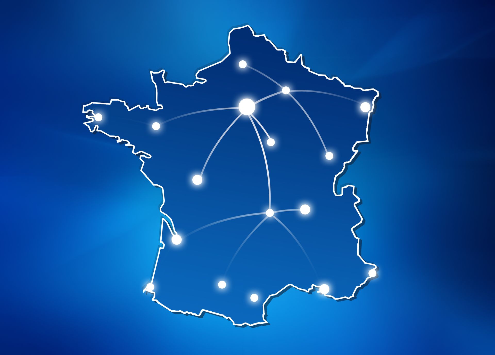 Une carte bleue de la France avec des lignes de connexion représentant un réseau.