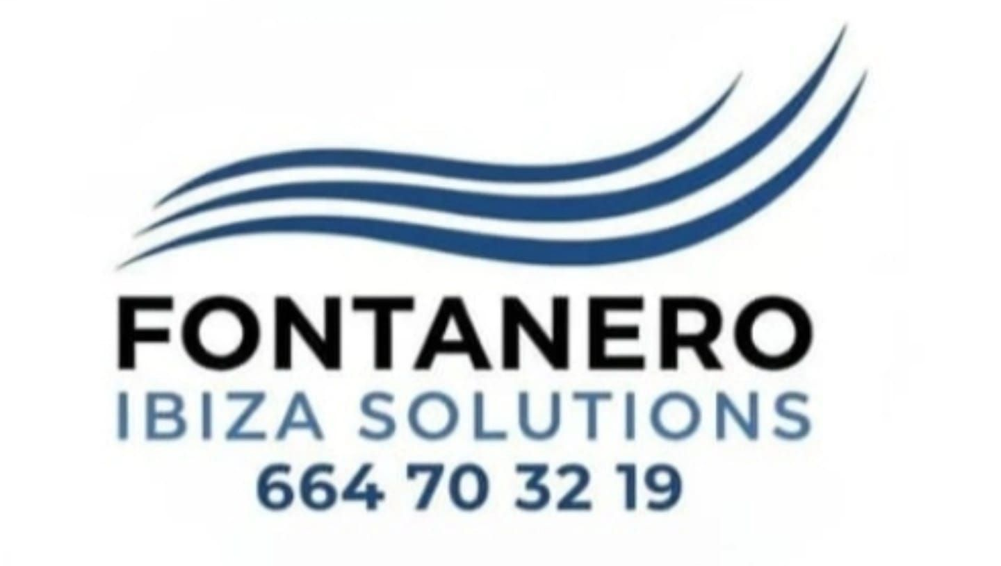 Logotipo para Fontanero Ibiza Solutions, con diseño de ondas azules y número de teléfono.
