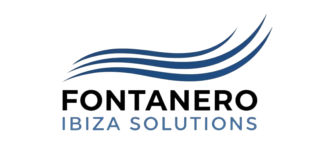 Logotipo para Fontanero Ibiza Solutions, con dise&ntilde;o de ondas azules y n&uacute;mero de tel&eacute;fono.