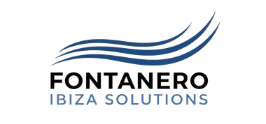 Logotipo para Fontanero Ibiza Solutions, con dise&ntilde;o de ondas azules y n&uacute;mero de tel&eacute;fono.