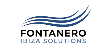 Logotipo para Fontanero Ibiza Solutions, con dise&ntilde;o de ondas azules y n&uacute;mero de tel&eacute;fono.