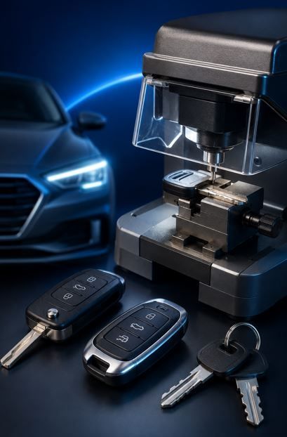 Llaveros de coche junto a una máquina duplicadora de llaves, con un coche azul al fondo.