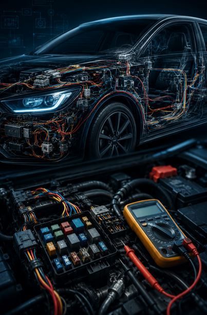 Esquema transparente de un coche eléctrico con detalles azules brillantes y herramientas de diagnóstico en primer plano.