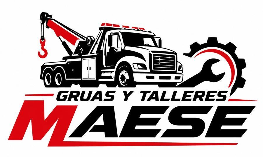 Logo de gr&uacute;as y talleres Maese con gr&uacute;a, cami&oacute;n y engranaje en negro, rojo y blanco