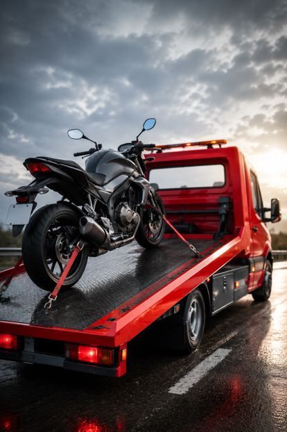 Motocicleta negra atada a una grúa roja en una carretera mojada bajo un cielo nublado.