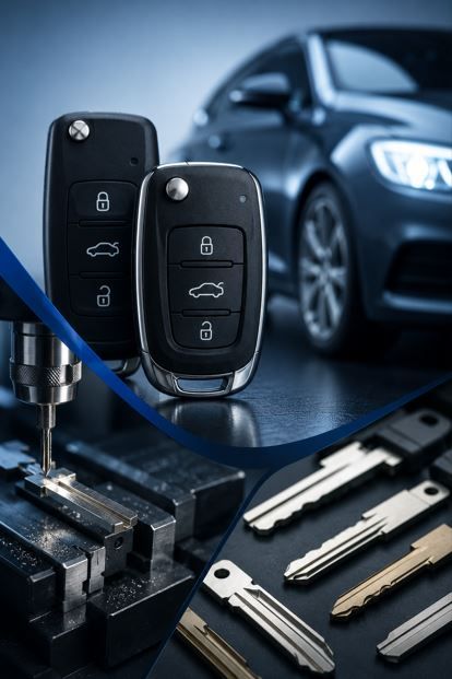 Llaves de coche, mandos a distancia y cerraduras de puertas de coche con un sedán azul al fondo.