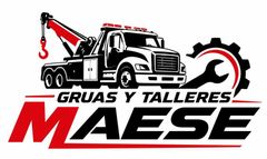 Logo de gr&uacute;as y talleres Maese con gr&uacute;a, cami&oacute;n y engranaje en negro, rojo y blanco