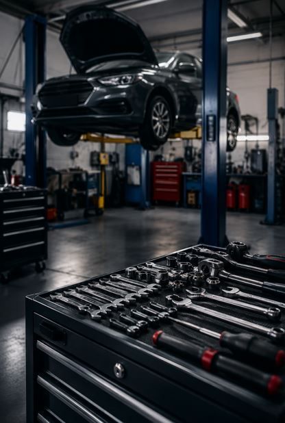 Un coche negro levantado en un taller mecánico, con una caja de herramientas llena de llaves inglesas en primer plano.