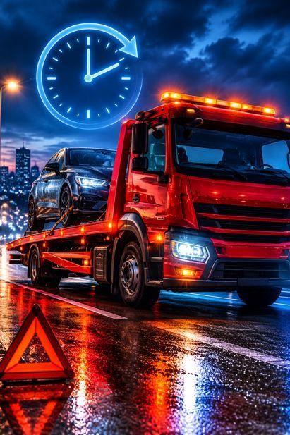 Una grúa roja transporta un coche negro en una 