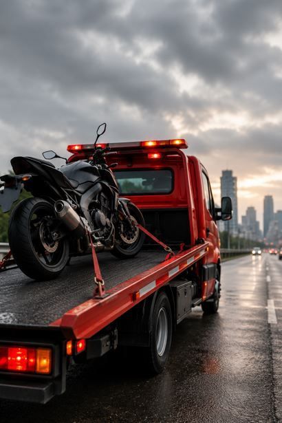 Una motocicleta atada a la parte trasera de una grúa roja en una carretera mojada al atardecer, con el 