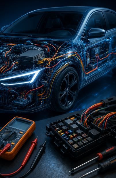 Coche eléctrico con circuitos y herramientas expuestos en un taller oscuro, que brilla en azul y naranja.