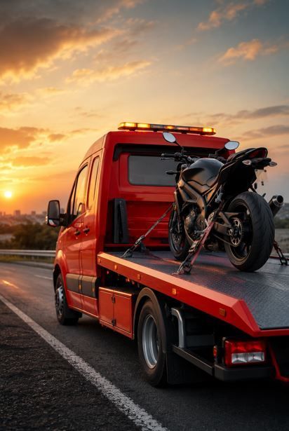 Grúa roja transportando una motocicleta negra al atardecer en una carretera.