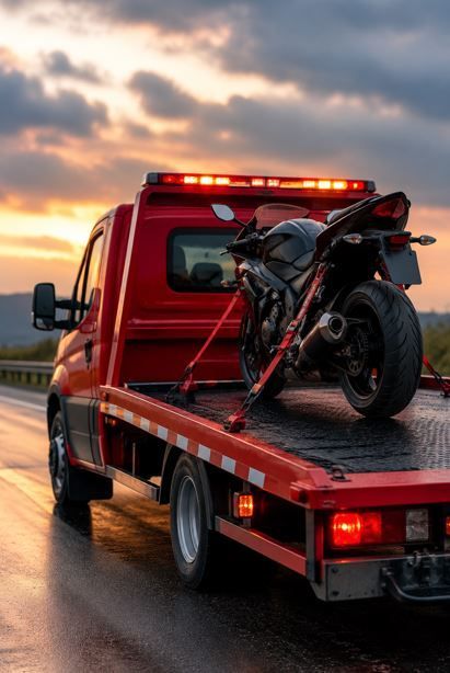 Motocicleta roja atada a una grúa roja al atardecer en una carretera