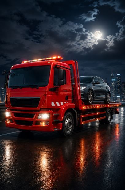 Una grúa roja remolca un coche negro en una carretera mojada por la noche bajo nubes de tormenta.