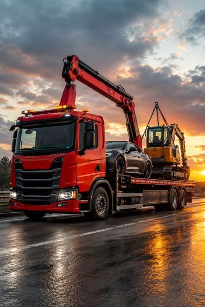 Grúa roja transportando una excavadora en una carretera mojada al atardecer.