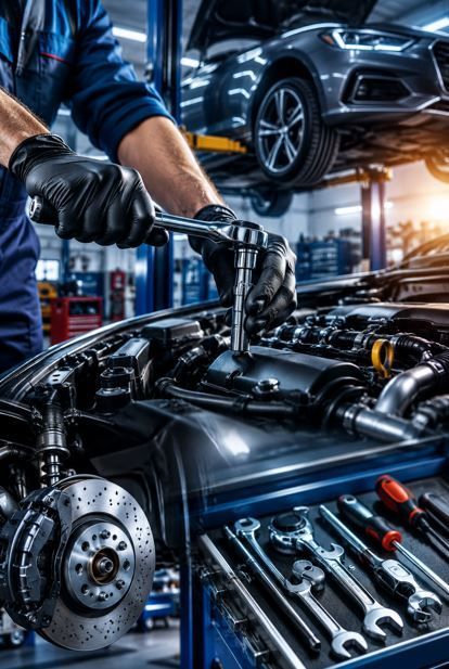 Un mecánico trabaja en el motor de un coche en un taller mecánico muy concurrido, con otro coche elevado al fondo.
