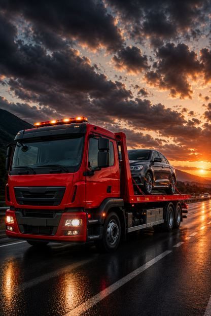 Una grúa roja transporta un coche en una carretera mojada al atardecer, bajo nubes espectaculares.