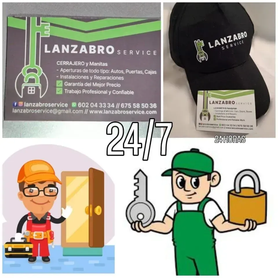 Tarjeta de presentación y gorra de Lanzabro Service con detalles del cerrajero, disponibilidad las 24 horas, los 7 días de la semana e ilustraciones del personal de servicio.