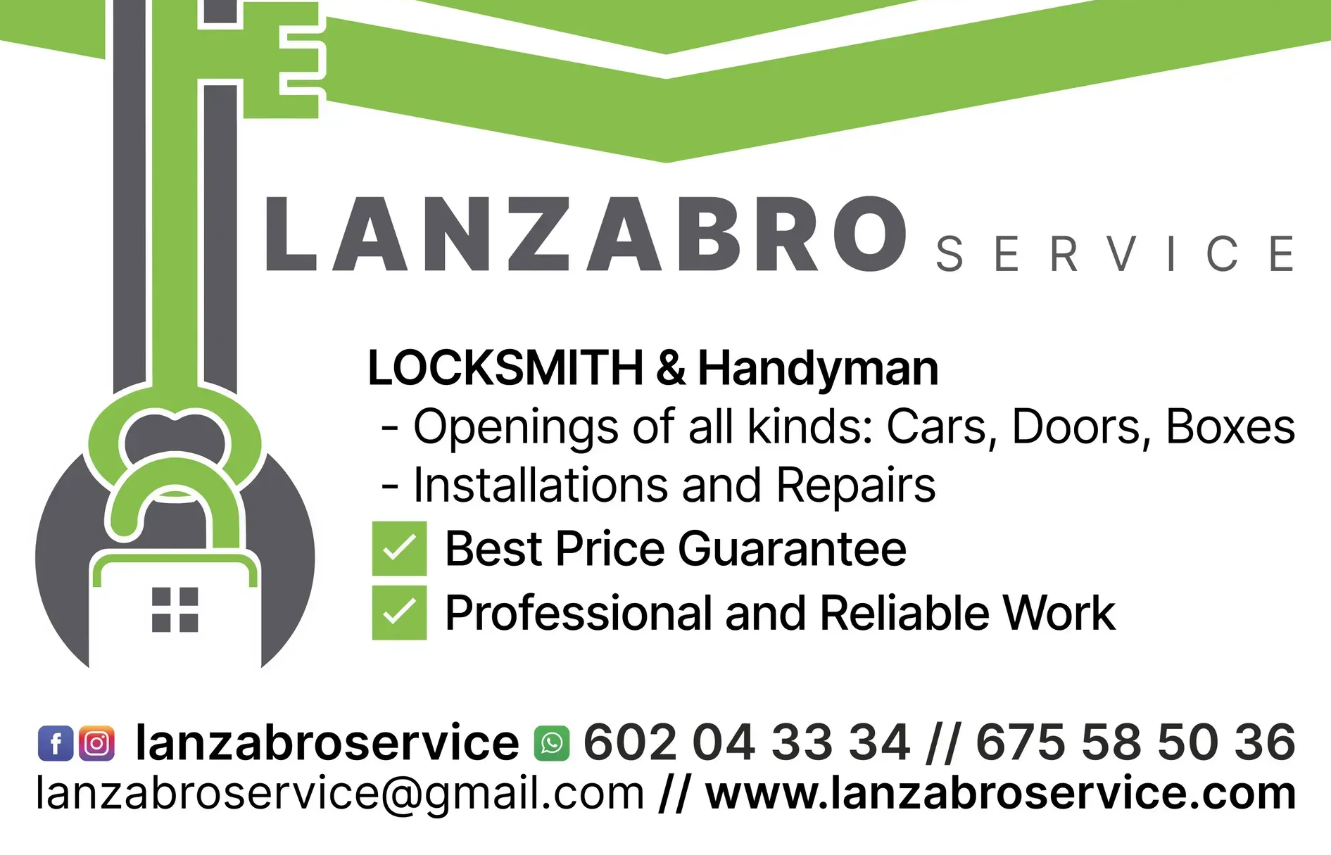Tarjeta de presentación de Lanzabro Service para servicios de cerrajería y reparaciones generales, con datos de contacto y un icono de llave verde.