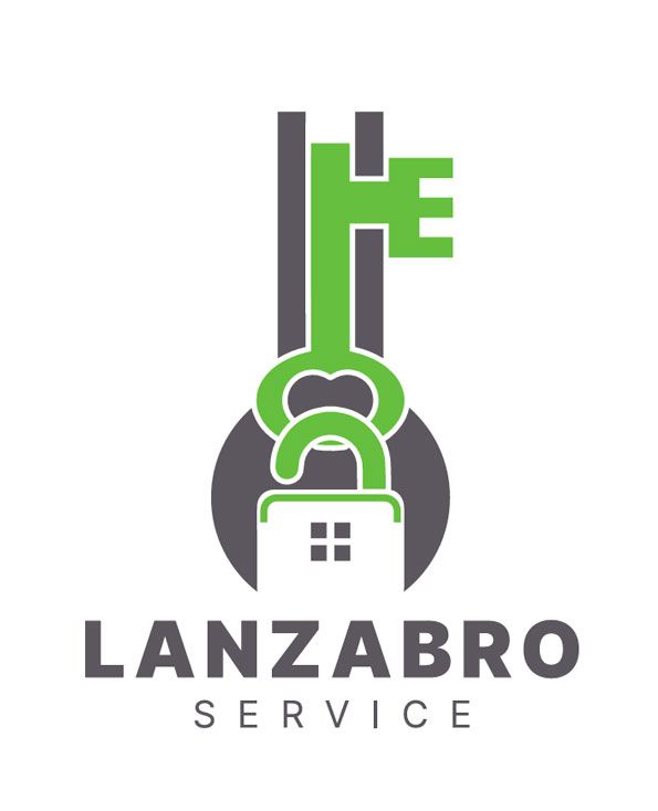 Logotipo de Lanzabro Service que muestra un icono de llave y candado verdes sobre una llave inglesa gris, con texto debajo sobre un fondo blanco.