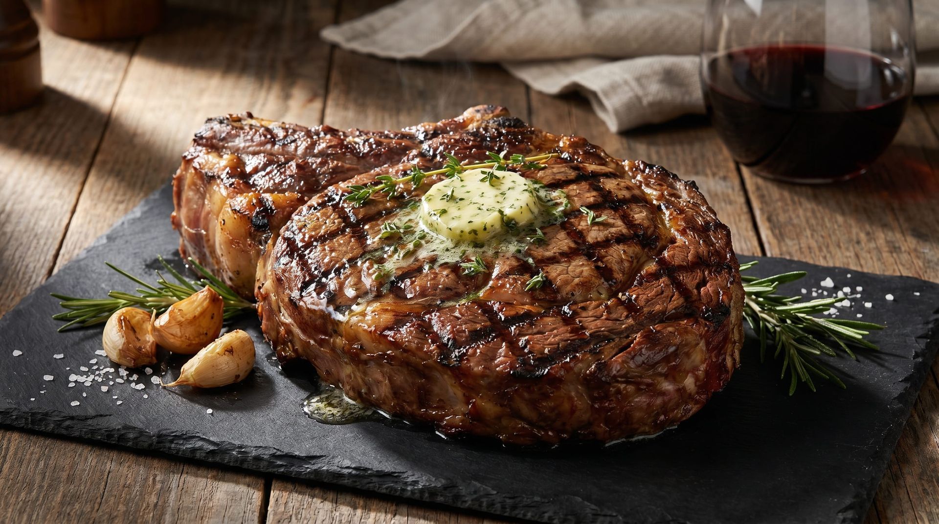 Des mains découpent de la viande sur une planche à découper entourée de légumes frais dans une cuisine.