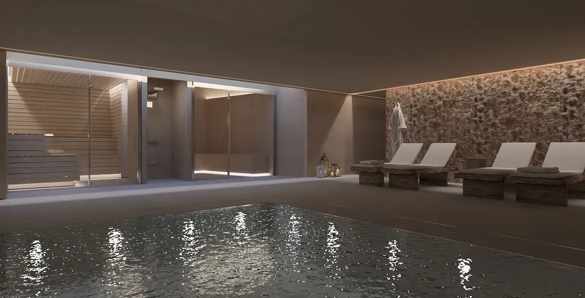 Una impresión artística de una piscina en un spa.