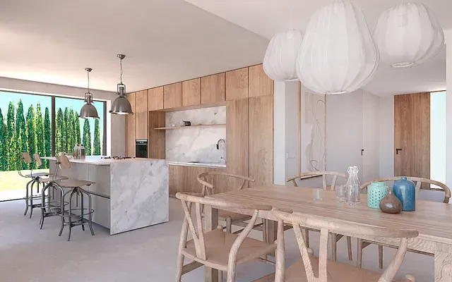 Una impresión artística de una cocina y un comedor en una casa.