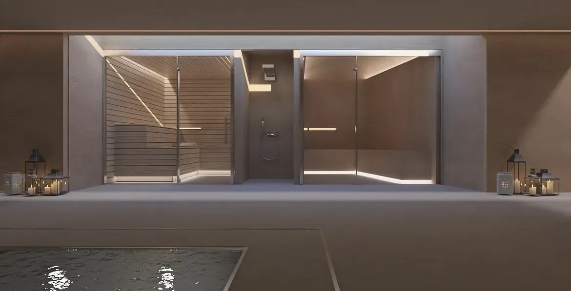Una impresión artística de una sauna moderna con una piscina al fondo.