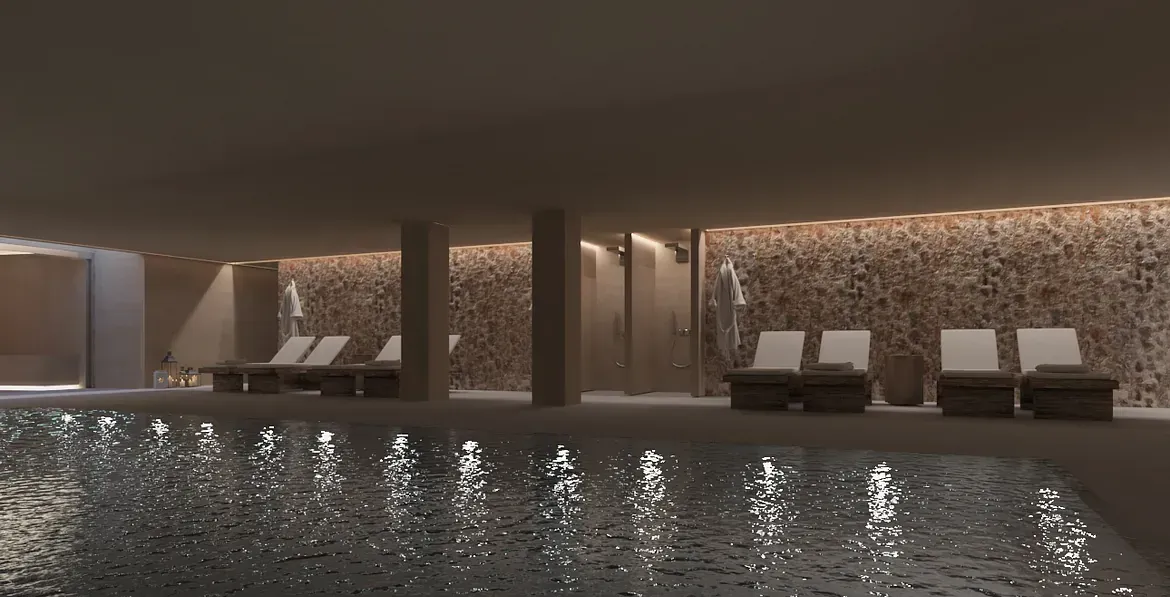 Una impresión artística de una piscina en un spa.