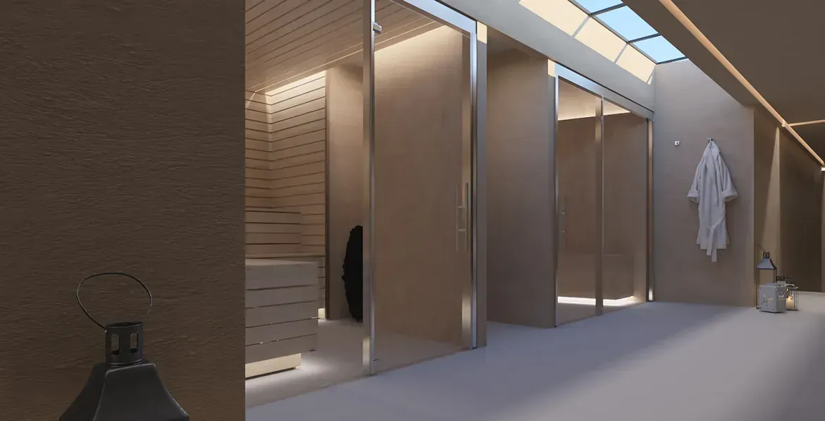 Una impresión artística de un baño con una bata de baño colgada en la pared.