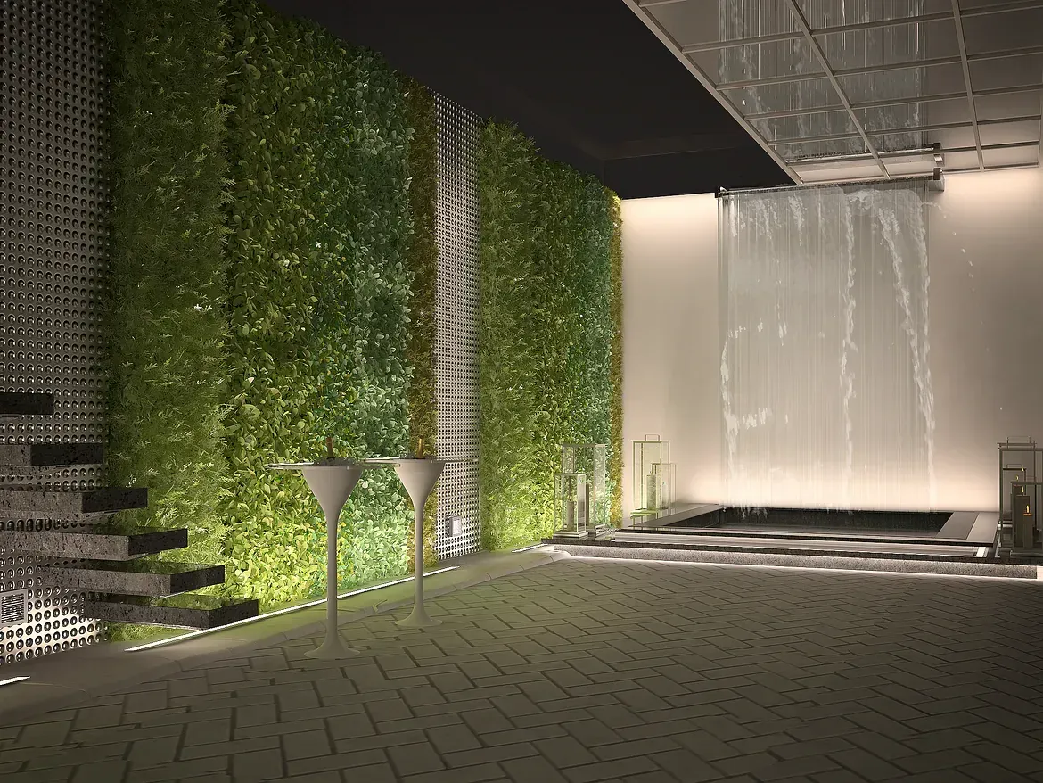 Hay una cascada en el medio de la habitación.