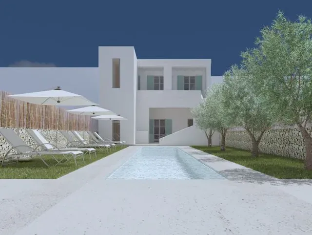 Impresión artística de una casa blanca con piscina.