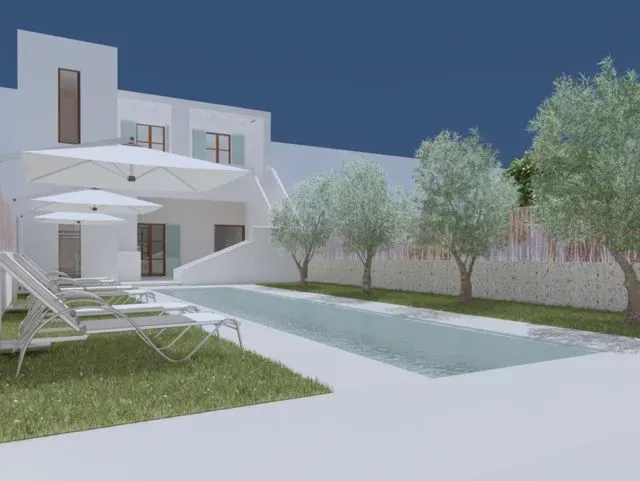 Impresión artística de una casa con piscina y tumbonas.