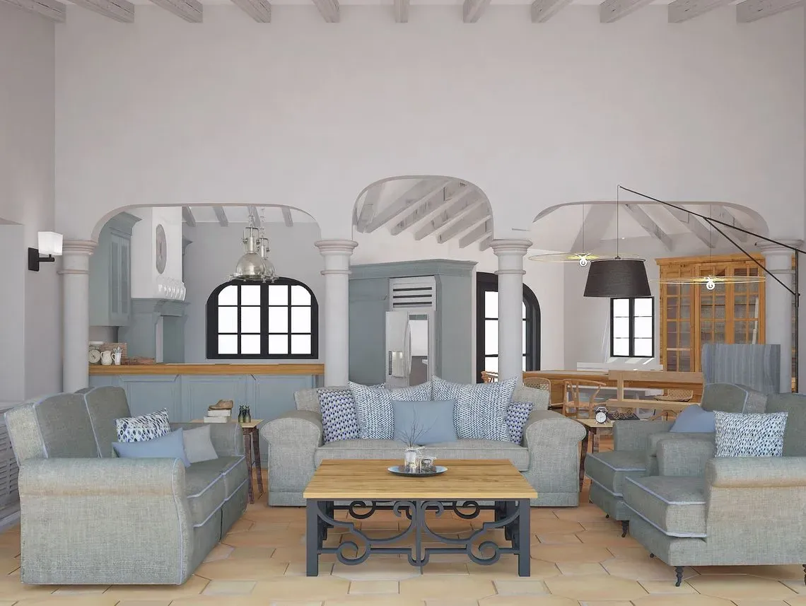 Una sala de estar con muchos muebles y una mesa de café.