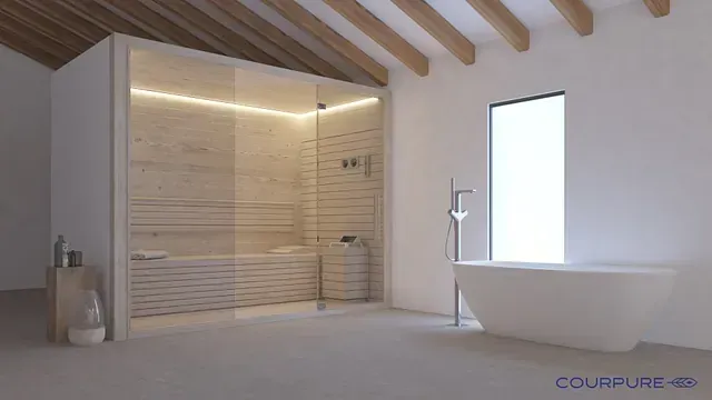 Un baño con bañera, ducha y ventana.