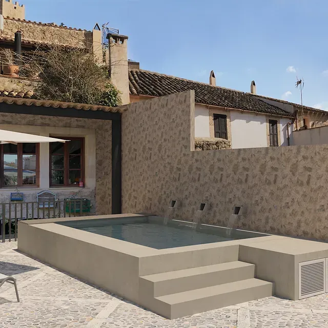 Impresión artística de una piscina frente a un edificio.