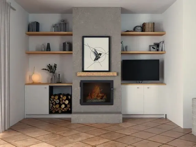 Una sala de estar con chimenea y televisión.
